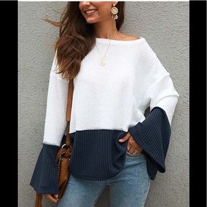 Navy & White Color Block Bell Sleeve Sweat…